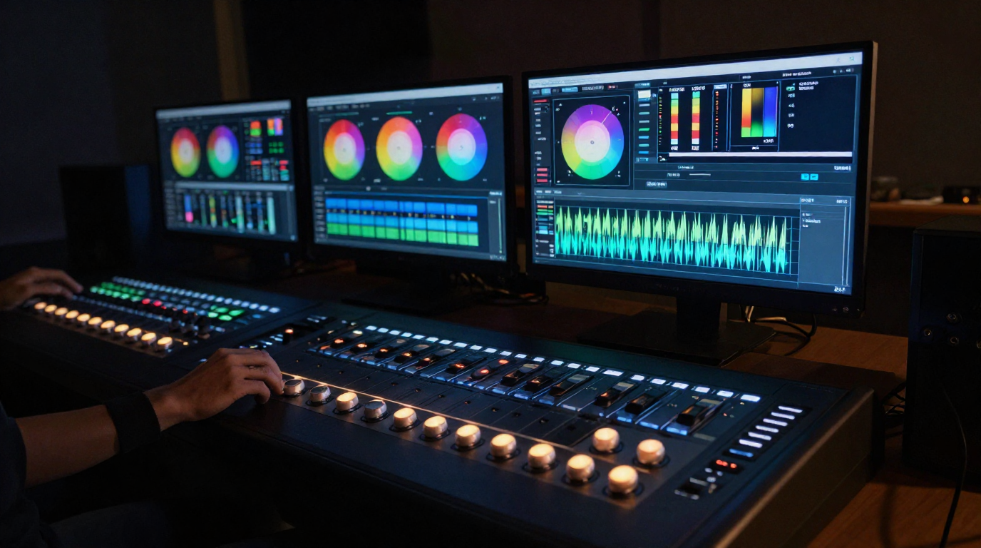 runVT grading and audio suite with colour scopes and a mixing desk